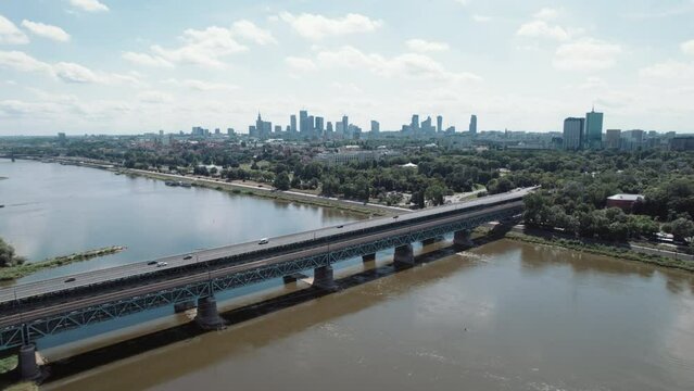 The Gdańsk Bridge across the Vistula in Warsaw, Poland. The Aerial Shot
