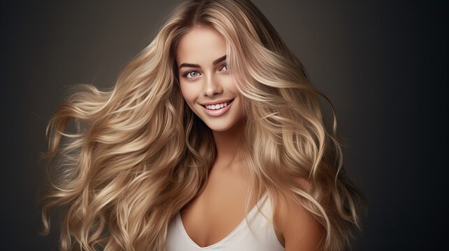 An image of a pretty model with long lush wavy deep blonde hair, smiling, and having her hair styled and makeup done.