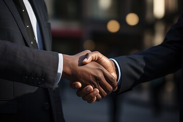 Two people shake hands with an office building background, business meeting image