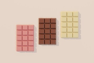 Obraz premium 3D top view illustration of chocolate, white chocolate and strawberry bars isolated on warm white background