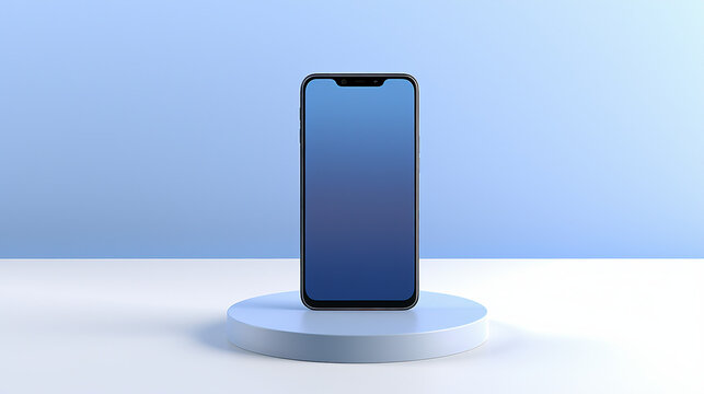 Futuristic Blue Mobile Phone On Stylish Cylinder Podium - Modern Digital Technology Concept For Creative Business