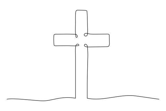 Christian cross one continuous line vector illustration isolated on transparent background. Faith, religion, hope rescue concept. Minimal Easter element