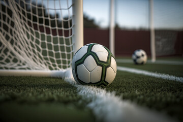 A soccer ball lies near the goal net on a green field, another ball in the background, under a clear sky, ai generative