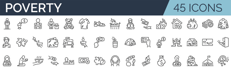 Set of 45 outline icons related to poverty. Linear icon collection. Editable stroke. Vector illustration - obrazy, fototapety, plakaty