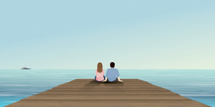 Couple of lover sitting on the pier have tropical blue sea and blue sky background vector illustration. Honeymoon concept illustrate poster have blank space.