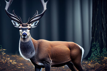 Forest deer. deer with big antlers in the forest, looking at the camera. wildlife and animals concept