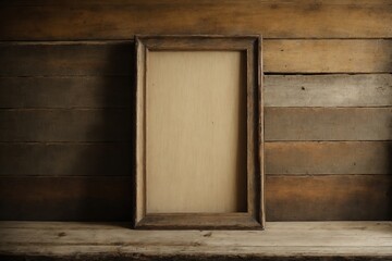 Standing tall on a rustic wooden table is a blank frame that has aged and worn from years of use. Frame mockup Living room Interior mockup with house background classic interior design 3D render