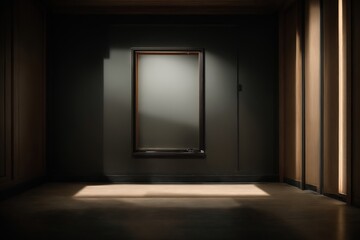 Frame mockup Living room Interior mockup with house background classic interior A dimly lit room with a mysterious black frame hanging on the wall, casting shadows that seem to dance in the darkness  - obrazy, fototapety, plakaty