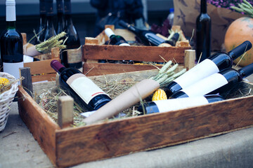 Wine bottles in wooden boxes