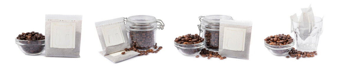 Drip bag of fresh coffee with coffee beans isolated on white background.Ground coffee for brewing in a cup.