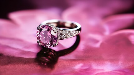 Silver ring with a pink gemstone, luxury background, product photography