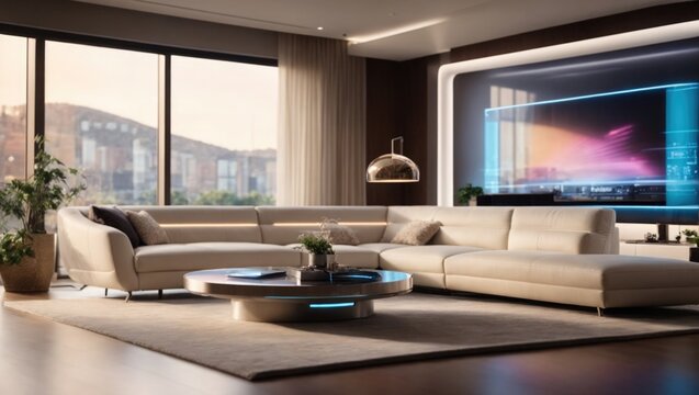 Modern smart home. Modern minimal living room. Modern apartment house. Generative Ai