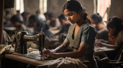 Young indian women work in the sewing / garment factory, photo documentary, concept: Child labor , 16:9 - obrazy, fototapety, plakaty
