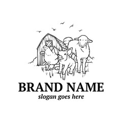 Hand drawn logo with goat, chicken, and pork. Animal logo vector for farmhouse.