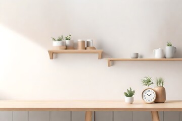 Fototapeta na wymiar Minimal cozy counter mockup design for product presentation background or branding in Japan style with bright wood counter and warm white wall include vase plant and clock. Kitchen interior