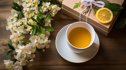 A wooden desk is where you can see an overhead view of a lemon tea cup decorated with flowers and a gift box.