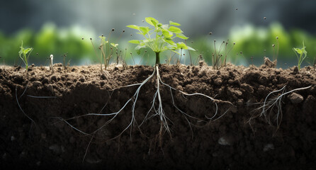 new life grass sprout seedling plants with roots in the garden - obrazy, fototapety, plakaty
