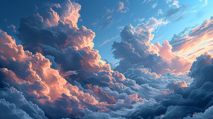 Real majestic sunrise sundown sky background with gentle colorful clouds, Panoramic - obrazy, fototapety, plakaty