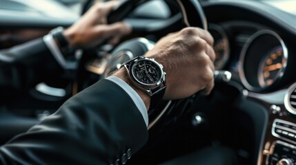 Close up of man in black suit wearing watch and keeping hand on the steering wheel while driving a luxury car.