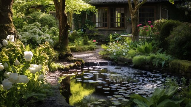 An enchanting hidden garden within a luxurious summer estate is depicted in this captivating image, exuding peace and sophistication.