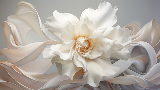  a close up of a white flower on a gray background with a large white flower in the center of the image.