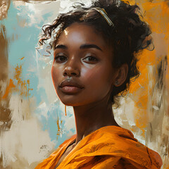 Illustration of a BIPOC black woman with golden brown hair and orange makeup in the style of Caravaggio using modern tools and technology,