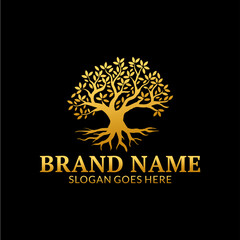 Tree and roots logo illustration in gold color.