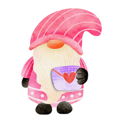 A pink gnome holds a Valentine's Day card in its hands.
