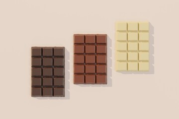 3D top view illustration of milk chocolate, white chocolate and dark chocolate bars isolated on warm white background