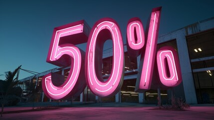 Huge neon sign 50 percent. Glowing sale light advertising. Theme of discount and commerce - obrazy, fototapety, plakaty