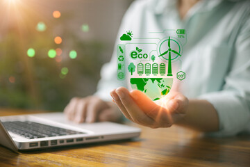Carbon dioxide emission in industry net zero carbon concept. woman hand with net zero icon. Sustainable energy with co2 affects global warming. Carbon neutrality goal Greenhouse gas emissions 2050 - obrazy, fototapety, plakaty