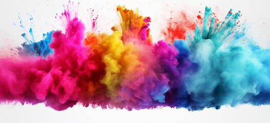 colorful mixed rainbow powder explosion isolated on white background - obrazy, fototapety, plakaty