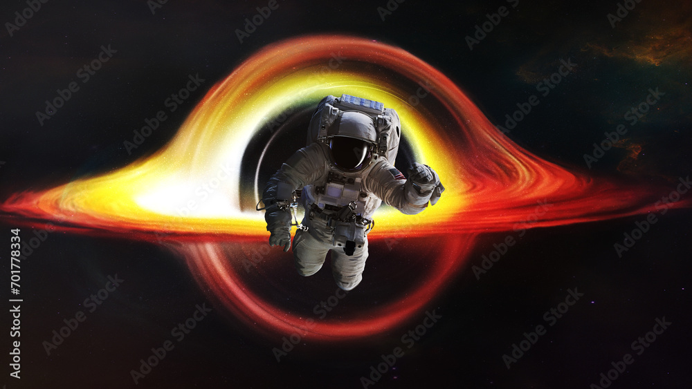 Wall mural astronaut in deep space close to the black hole and event horizon. elements of this image furnished 