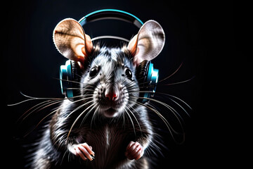 Rat wearing headphones isolated on black background. Listen to music. Cover for design of music...