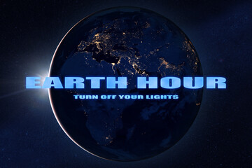 Earth hour 2023 event. Earth planet with sunlight in outer space. Turn off the lights. Elements of...