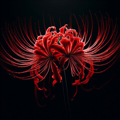 A red spider lily flower blooming isolated with black background.