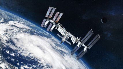 ISS with solar panel discovery Earth atmosphere. Element of this image furnished by NASA.