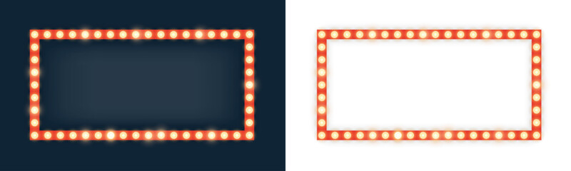 Realistic retro rectangle and circle neon marquee billboard for decoration. Concept of cinema and broadway. Isolated over transparent - obrazy, fototapety, plakaty