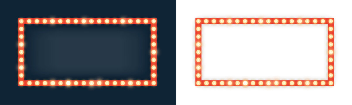 Realistic retro rectangle and circle neon marquee billboard for decoration. Concept of cinema and broadway. Isolated over transparent