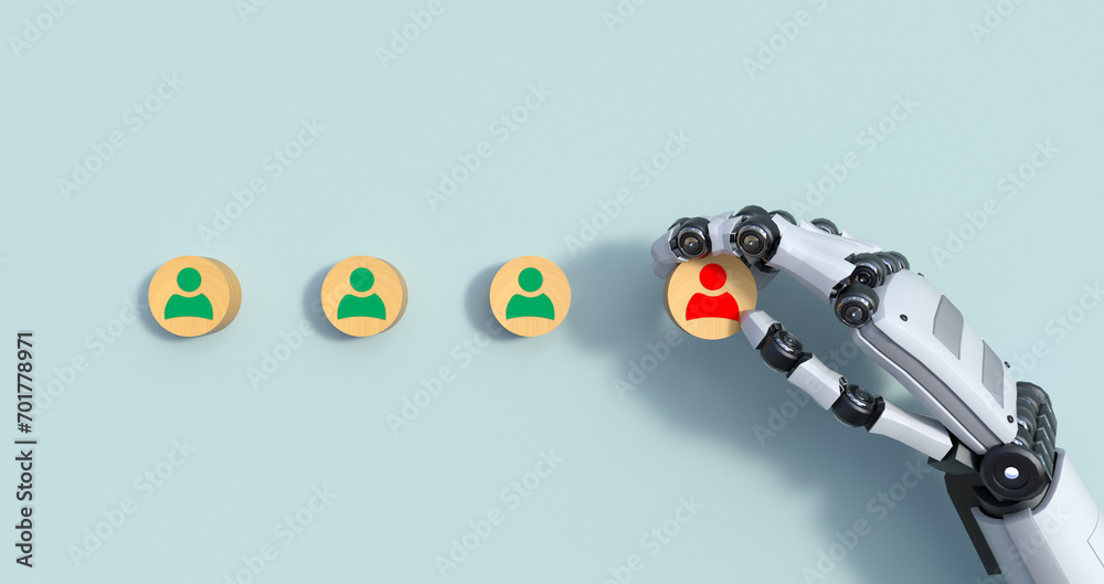 Poster business process management and automation concept with person moving wooden pieces on flowchart dia