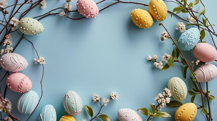 colorful small easter eggs with flowering branches as a boarder on a light blue background with copy space - easter card background frame - spring design element - generative ai - obrazy, fototapety, plakaty