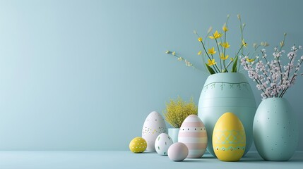 easter eggs and flowers in a vase - easter still life - easter card design background with solid light blue background and copy space - pastel colors - generative ai - obrazy, fototapety, plakaty