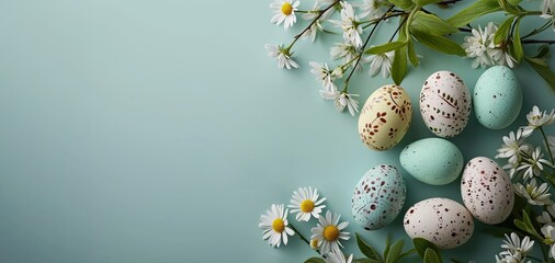 colored quail easter eggs with daisies on a light green background - easter card background - spring design element - generative ai