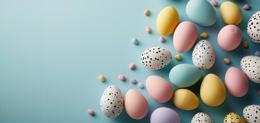 easter eggs card design background with pastel colored easter eggs on solid light blue background - design element with copy space - generative ai