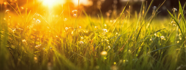 Fototapeta premium a field of grass with the sun shining through the grass and the grass is green and yellow in color, grass, color field, generative ai