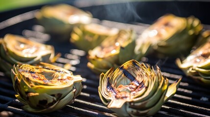  grilled artichokes on a bbq grill with smoke coming out of the top of the grill.