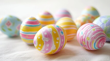 Fototapeta premium colorful painted easter eggs in pastel colors on bright background - generative ai