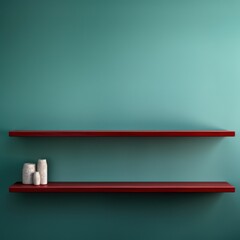 Deux étagères rouge contre un mur coloré, dans un style minimaliste - obrazy, fototapety, plakaty