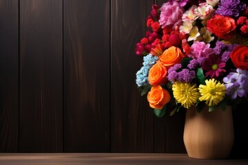 Un bouquet de fleurs colorées sur un fond en bois