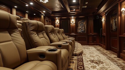 Luxurious Home Theater with Rich Wood Paneling

 - obrazy, fototapety, plakaty